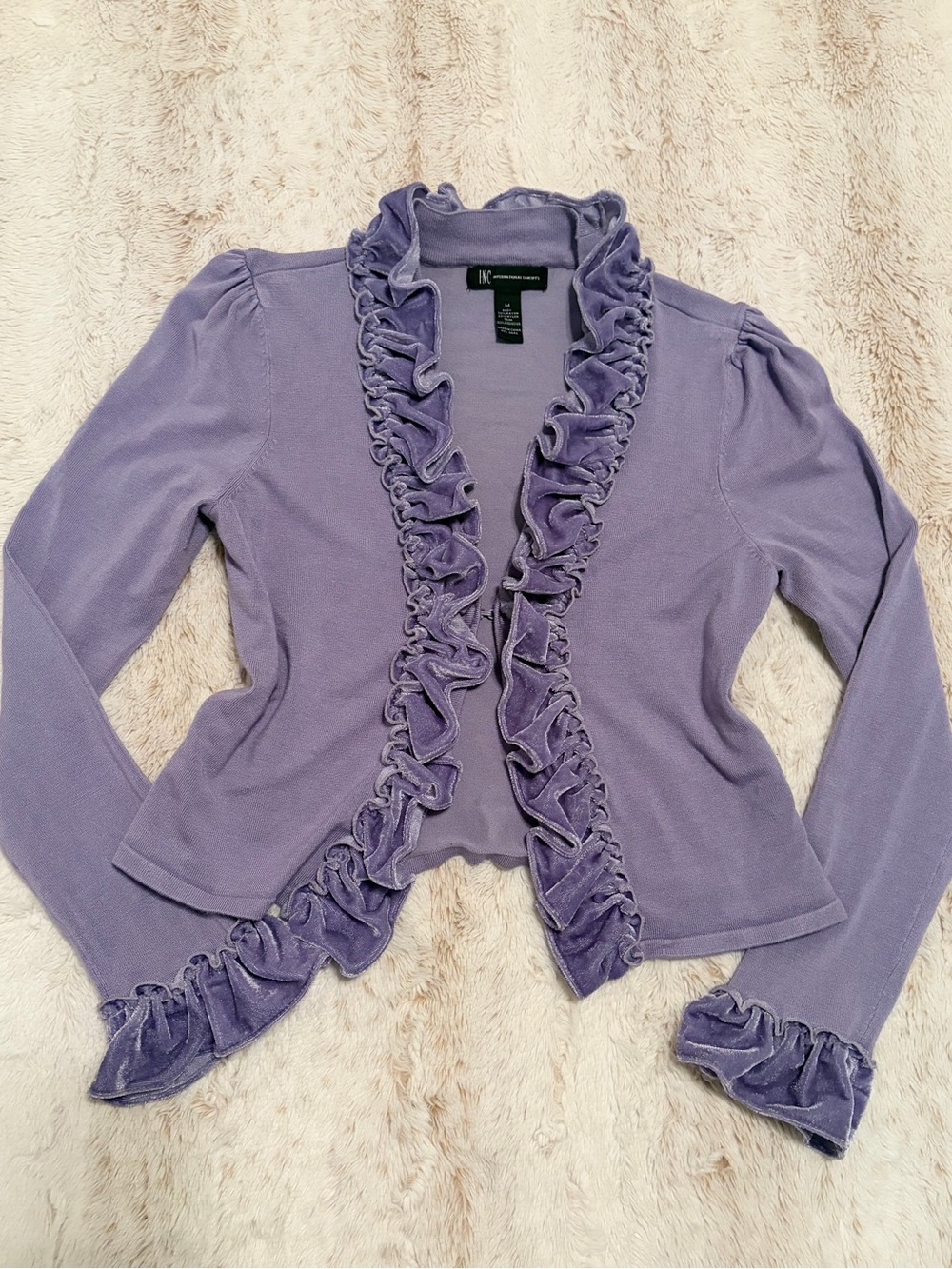 💜 Vintage Y2K INC Lavender Velvet Ruffle Cardigan Top Fairycore Coquette Ballet